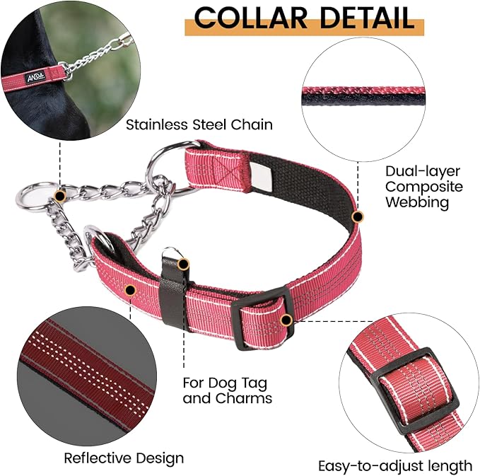 ANDA Martingale Collar for Dogs, Adjustable with Reflective Stainless Steel Chain, No-Pull Escape-Proof Training Collar for Medium and Large Breeds (Red, Medium)