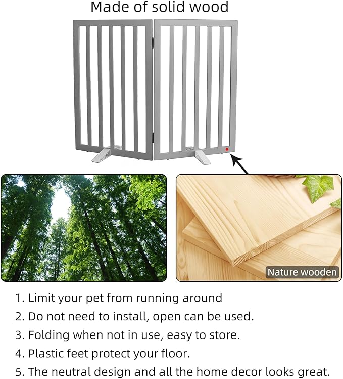 Dog Gate Indoor, Freestanding Dog Fence for The House, Doorways, Hallways,or Stairs,Pet Gate Foldable Wooden,Expandable 32" Height 2 Panels,Grey