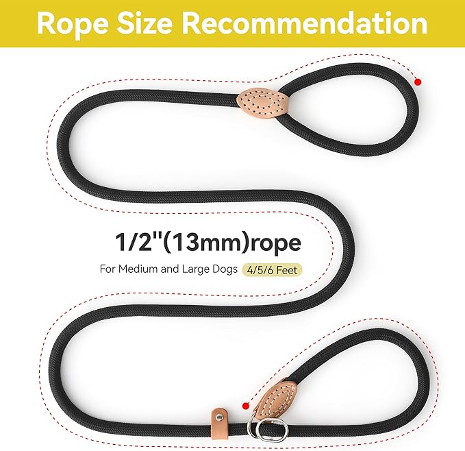 Mile High Life Slip Lead Dog Leash - 4FT, 5FT, 6FT Heavy Duty Rope Leash for No Pull Training, Durable Braided Dog Lead with Leather Stopper & Tip for Medium Large Dogs