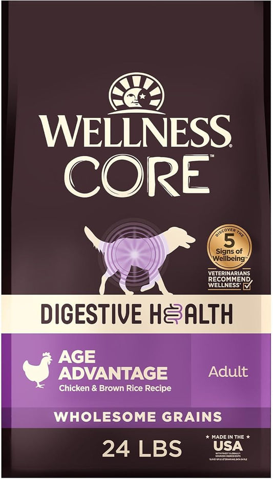 Wellness CORE Digestive Health Senior Dry Dog Food, Wholesome Grains, Natural, Recipe for Dogs with Sensitive Stomachs, Age Advantage Chicken & Brown Rice, (24-Pound Bag)