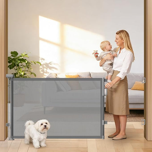 78" Retractable Extra Wide Baby Gates for Doorways, Long Mesh Dog Gate for Large Openings, Indoor Outdoor Pet Gate for Deck Porch Kitchens Hallways, 34" Height, Gray