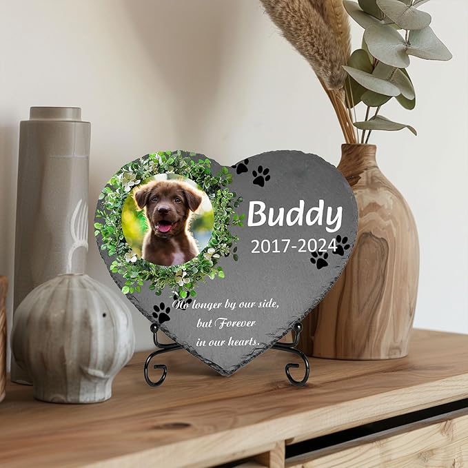 Custom Dog Memorial Stone with Photo & Name – Personalized Pet Headstone, Paw Print Keepsake Gift for Dog Loss, Outdoor Garden Slate Plaque