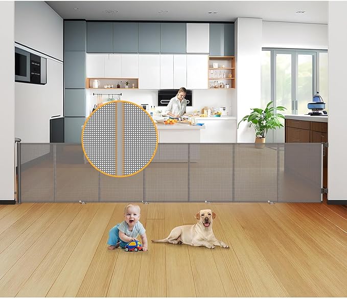 Uamector 200-Inch Extra Wide Retractable Baby Gate & Dog Gate, Reinforced Mesh Safety Gate Adjustable for Large Openings - Stairs, Doorways, Hallways - Indoor/Outdoor Use