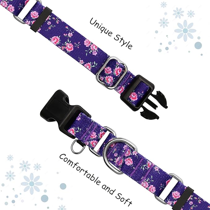 Martingale Collar for Dogs with Buckle Floral Dog Collar Girl Female Soft Nylon Dog Collars for Small Medium Large Dogs (Purple Flower, S)