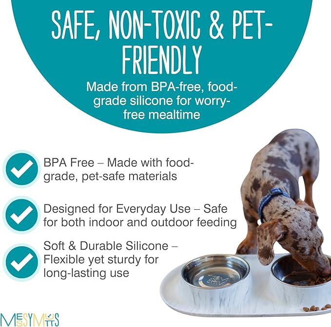 Messy Mutts Double Silicone Feeder with Stainless Bowls | Non-Skid Food Dishes for Dogs for All Pets | Dog Food Bowls | Medium, 1.5 Cups Per Bowl | Marble