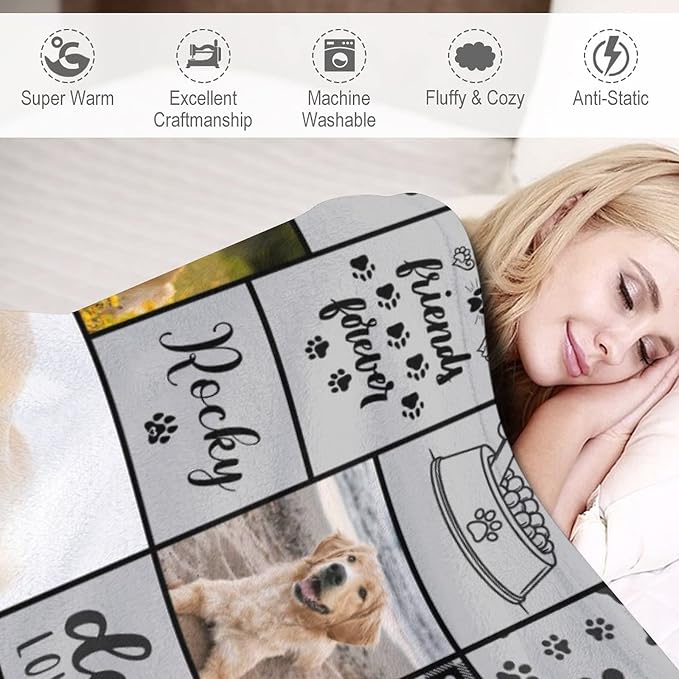 Artsadd Dog Name Custom Throw Blanket with Photo, Dog Memorial Blanket Personalized with Pictures Memory Gift Customized Fleece Throw Blankets Sympathy Remembrance for Family and Friends Made in USA