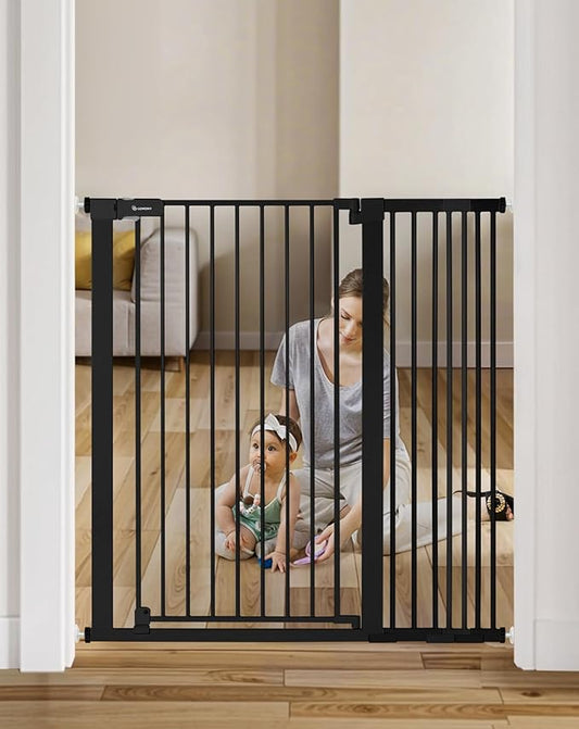 COMOMY 42" Extra Tall Baby Gate for Stairs Doorways, Fits Openings 29.5" to 43.3" Wide, Auto Close Sturdy Safety Dog Gate for House, Pressure Mounted Easy Walk Through Pet Gate with Door, Black