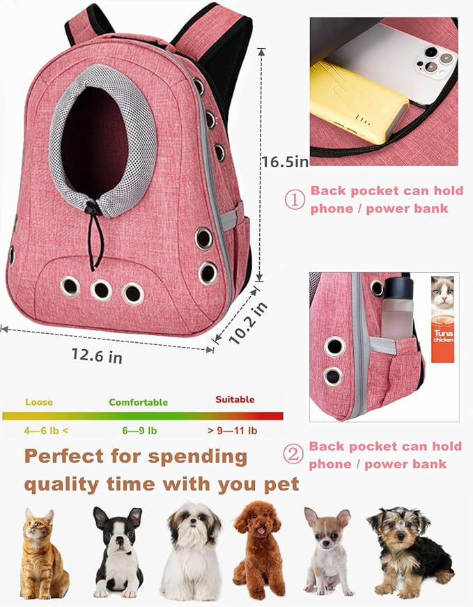 Pet Dog Backpack Carrier Small Doggy Front Backpack,Large Space Cat Carrier Backpack,Ventilated for Hiking,Camping,Travel,Suitable for Shopping and Vet,Max 12 lbs(Pink)
