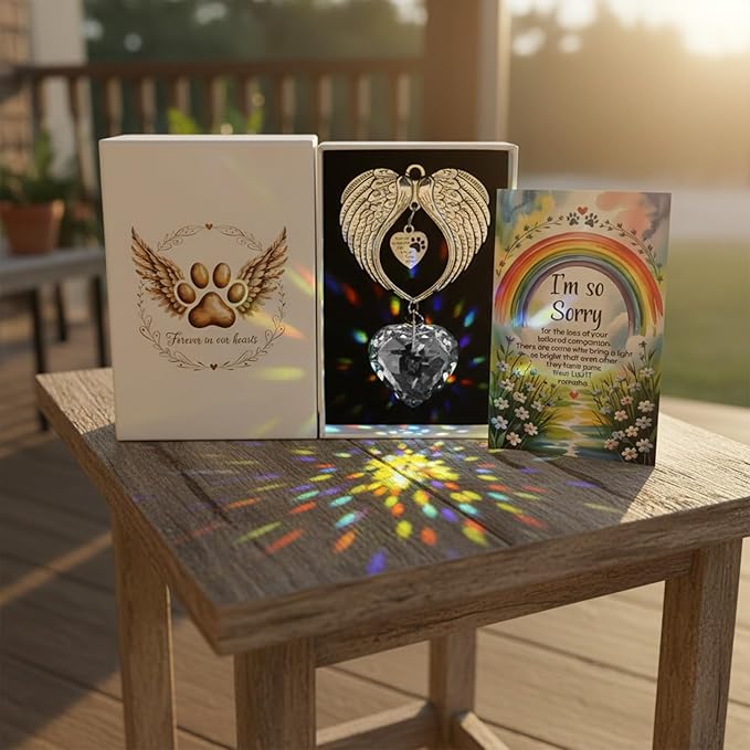 Memorial Sympathy Gift Box for Dog Loss - Pet Memorial Clear Crystal Heart Grief Suncatcher for Loved One, Thoughtful Dogs Remembrance, Loss Sympathy Rainbow Maker, Hanging Ball Prisms Gifts