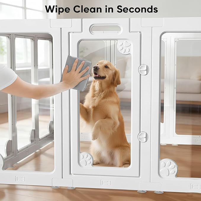 Clear Acrylic Dog Play Pen Indoors 30", 12 Panels Transparent Puppy Playpen with Door for Small Dogs Puppies, Modular Plastic Pet Playpen Cage Fence Crate for Cat Kitten Rabbit, White