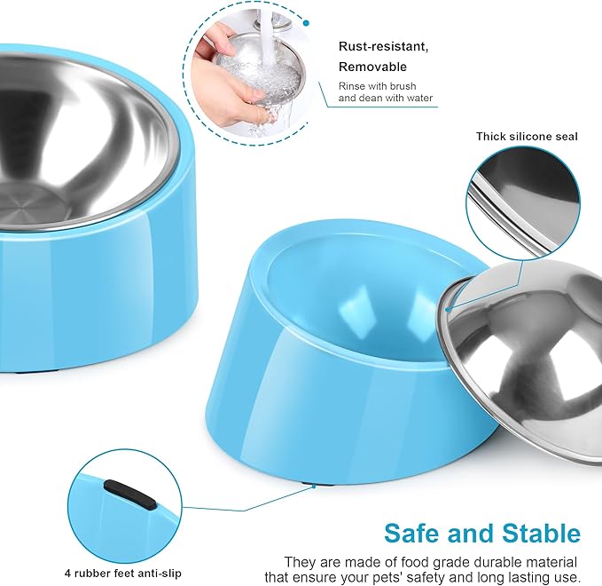 Tilted Dog Bowl Non-Slip & Non-Spill Pet Feeder with Elevated Detachable Melamine Stand, Easy to Get Food Dog Dish, S/100ml Sky Blue