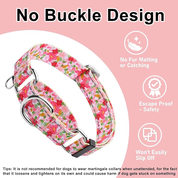 Reflective Martingale Collar for Dogs Nylon Training Collar with No Buckle Cute Floral No Pull Dog Collar for Small Dogs（Pink Flower，S）