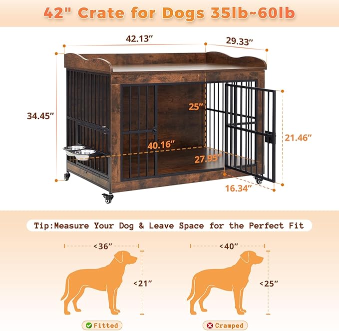 42" Furniture Dog Crates for Medium/Large Dogs, Wooden & Steel Decorative Dog Kennel Furniture with Storage Platform, Indoor Pet House Cage End Tables, TV Stands, Rustic Brown