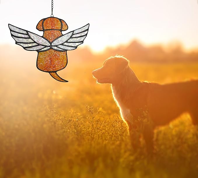 Stained Glass Angel Rainbow Wing Memorial for Loss of Dog, Dog Bereavement Gift (Orange)