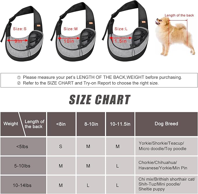 Cuby Pet Sling Carrier for Small Dogs Cats,Drawstring & Zipper Security Hook Triple Designs for Pets' Securty Dog Bag,Breathable Travel Pet Puppy Sling Carrier with Adjustable Strap(L (9.5-13.5 lbs))
