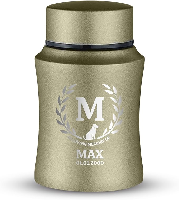 Customized Small Keepsake Urn Personalized Engraved with Pet Name, Date, and Dog Design - 4" Powder Coated Cremation Mini Compact Urn for Dogs Ashes | 5–10 Lbs Capacity | Washed Gold, Leaves Border