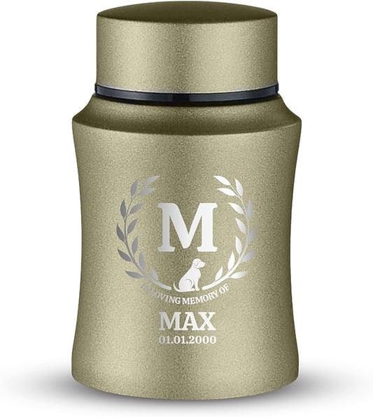 Customized Small Keepsake Urn Personalized Engraved with Pet Name, Date, and Dog Design - 4" Powder Coated Cremation Mini Compact Urn for Dogs Ashes | 5–10 Lbs Capacity | Washed Gold, Leaves Border