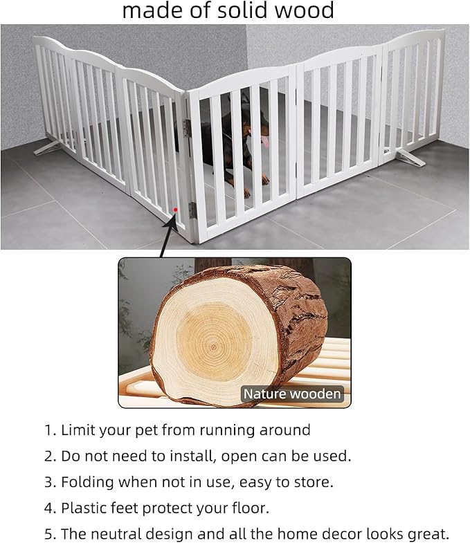 Freestanding Dog Gate Indoor,Doggie Gate Foldable Dog Gates for Doorways,Stairs or Hallways, Wooden White Pet Gate for The House, Pet Fence with Support Feet Included,32 "Height-6 Panels