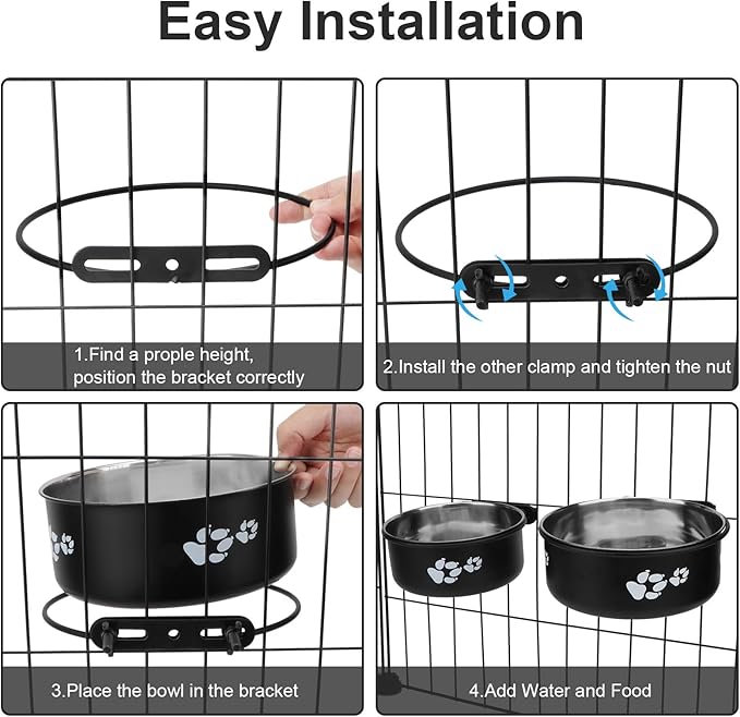 Stainless Steel Dog Crate Bowls Hanging No Spill 2 PCS - Adjustable Mountable Kennel Bowls for Medium/Large Dogs, Anti Spill Water & Food Bowl Set (Black, L(6.3"+7.1"))
