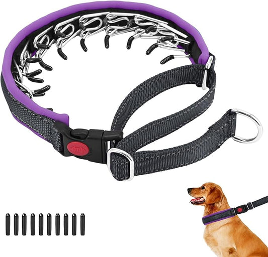 Martingale No Pull Dog Collar for Large Medium Small Dogs, Heavy Duty Nylon Reflective Adjustable Anti Pull Slip Collar with Buckle for Training Walking M Black Purple
