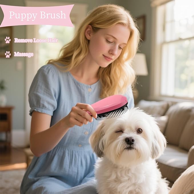 Comma-Shaped Small Dog Brush, Fit for Yorkie, Shih Tzu, Maltese Maltipoo Pomeranian - Gentle Soft Bristles for Effortless Pet Hair Removal, Puppy Essentials (Pink)