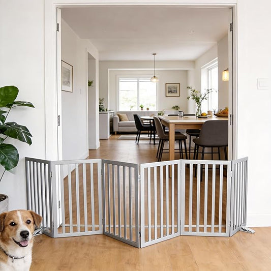 Dog Gate Indoor, Freestanding Dog Fence for The House, Doorways, Hallways,or Stairs,Pet Gate Foldable Wooden,Expandable 32" Height 6 Panels,Grey