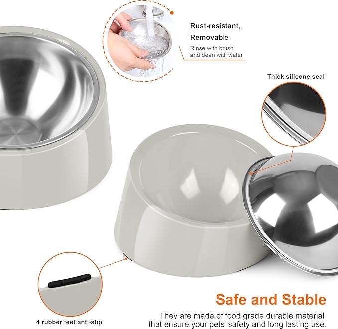 Tilted Dog Bowl Non-Slip & Non-Spill Pet Feeder with Elevated Detachable Melamine Stand, Easy to Get Food Dog Dish, L/300ml Gray