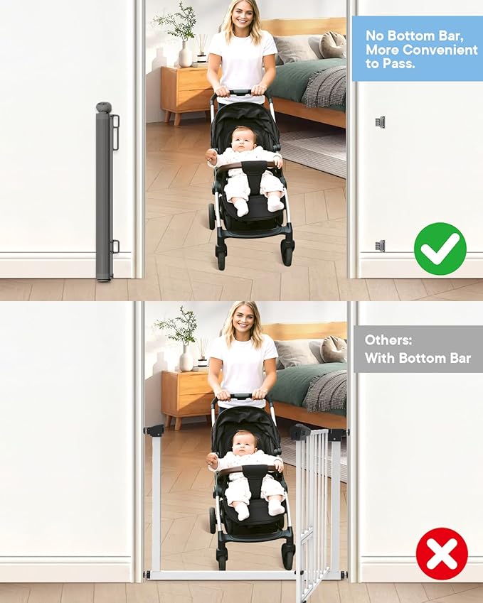 Retractable Baby Gates | 55" Wide x 34" Tall Dog Gates | One-Hand Operation | Baby Gates for Stairs, Doorways, Deck, Porch, Hallways, Patio - Gray