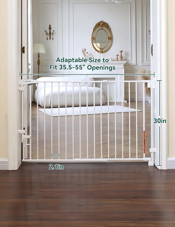 Babelio Removable & No Bottom Bar Baby Gate, 35.5-55" Hardware Mounted (Drill Needed)| Wide Walk-Thru| Auto-Close Safety Dog/Pet Gate for Stairs & Doorways (White, 35.5-55" W, 30" H)