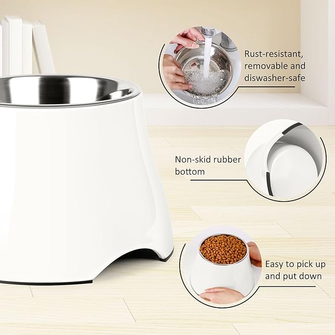 Dog Bowls,Cone Friendly Non Slip Single Dog Bowl with Stainless Steel Inner, Raised Bowls for Small and Medium Dogs Spaniel Dogs Long Ear, High Capacity, L/3 Cups White