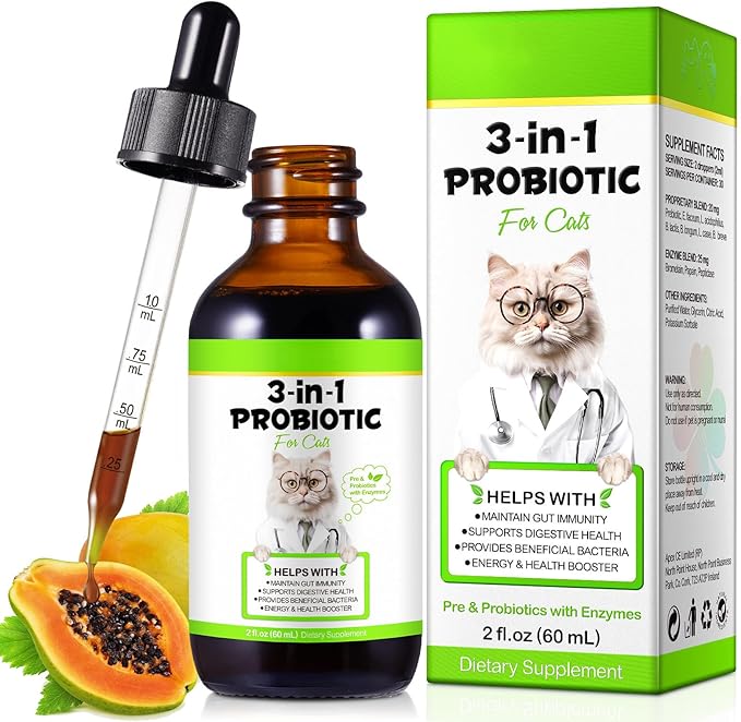 Probiotics for Cats Liquid, Cat Probiotic, 3 in 1 Cat Probiotics Supplement with Prebiotic & Digestive Enzymes | Support Gut Health, Diarrhea and Constipation Relief, Suitable for All Cats, 60 ml