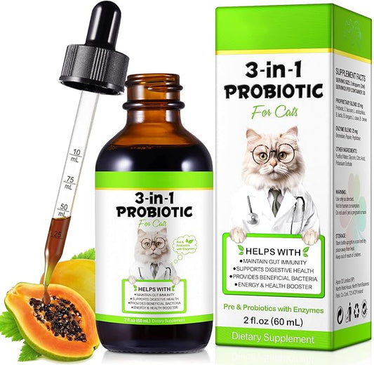 Probiotics for Cats Liquid, Cat Probiotic, 3 in 1 Cat Probiotics Supplement with Prebiotic & Digestive Enzymes | Support Gut Health, Diarrhea and Constipation Relief, Suitable for All Cats, 60 ml
