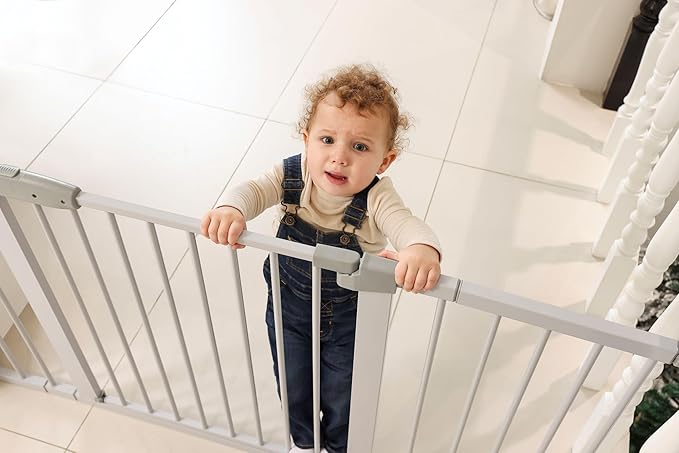 29"-57" Baby and Pet Safety Gate, 30" Tall Metal Walk-Thru Gate for Doorways & Stairs, Easy One-Hand Open, Dual Lock, Extensions & Wall Mounts Included (Gray, 29" x 57" x 30“ )