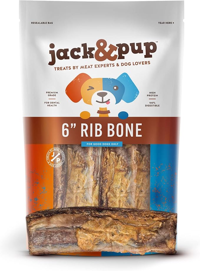 Jack&Pup 6" Rib Bones for Dogs (13 Pack) - Beef Bone for Dogs, Flavorful Real Dog Bones