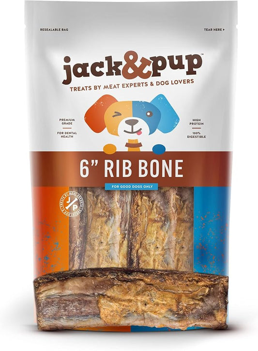Jack&Pup 6" Rib Bones for Dogs (13 Pack) - Beef Bone for Dogs, Flavorful Real Dog Bones