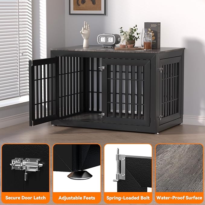 48" Heavy Duty Dog Crate Furniture for Small,Medium and Large Dogs,Rustic Wooden Dog Cage Kennel Indoor Furniture with Waterproof Top,Decorative Pet House Side End Table (Black & Grey)