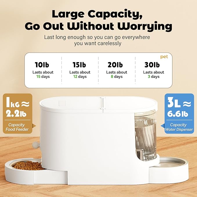 Automatic Cat Feeder 2-in-1 Set, Gravity Cat Food Feeder and Water Dispenser, Dog Feeding & Watering Supply with Stailess Steel Bowls, Large Capacity Low Noise, White