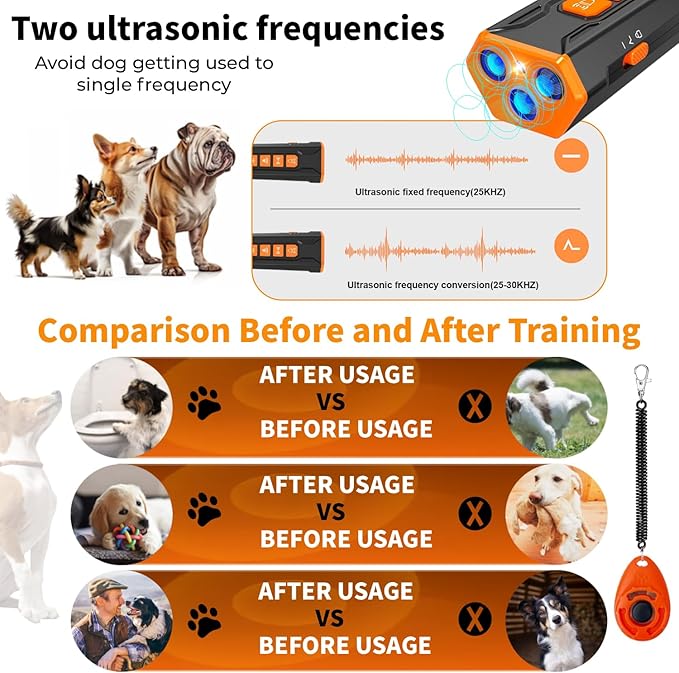 Dog Bark Deterrent Device with Training Clicker, 3X Ultrasonic Anti Barking Device for Dogs, 23FT Long Range, 6 Adjustable Modes, Rechargeable Stop Barking Dog Devices for Small, Medium & Large Dogs