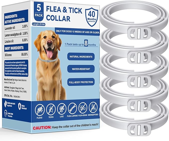 Flea and Tick Collar for Dogs, 5 Packs Flea Collar for Dogs with Natural Essential Oils, Waterproof & Adjustable Flea and Tick Prevention Collar for Small Medium Large Dogs & Puppies, Grey