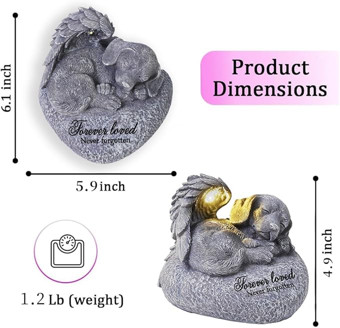 Pet Memorial Gifts for Dogs,Hand-Sculpted Resin Pet Loss Sympathy Gift with LED Light, Pet Angel Sleeping Dog Memorial Stone Statue Pet Headstone Grave Markes for Loss Dog Sympathy Gift