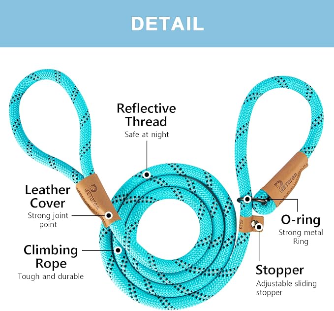 5 FT Slip Lead Dog Leash, Heavy Duty Rope Leash for Small Medium Large Dogs, No Pull Training Lead with Reflective Thread, Strong Comfortable Loop Leash (Teal Stripe, Large(1/2"))