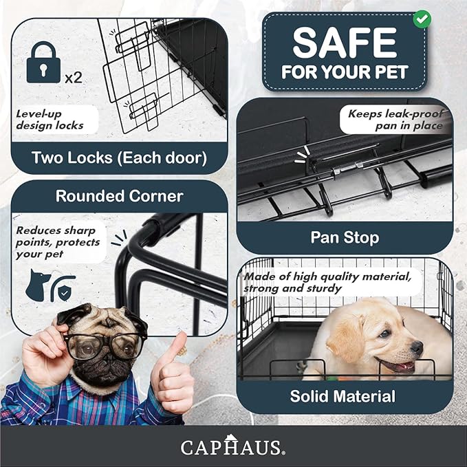 CAPHAUS Foldable Dog Crate Wire Metal Dog Kennel w/Divider Panel, Leak-Proof Pan & Protecting Feet, Single & Double Door, Small, Medium & Large Dog Crate Indoor Wire Dog Cage, 36” w/Double Doors