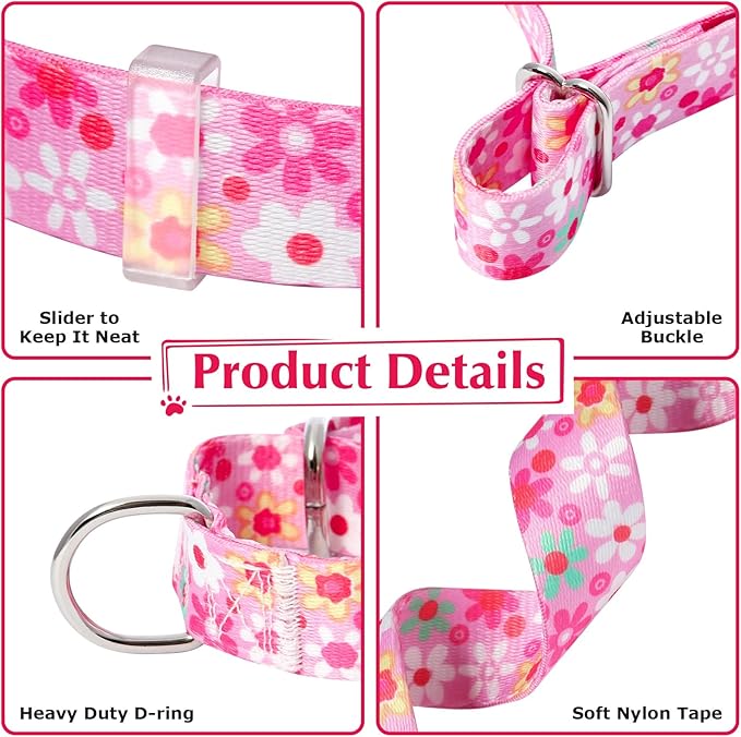 Martingale Collar for Dogs, Pink Flowers Martingale Collar with Adjustable No-Slip Escape Proof Choke No Pull for Small Medium Large Girl Female Dogs Collar L
