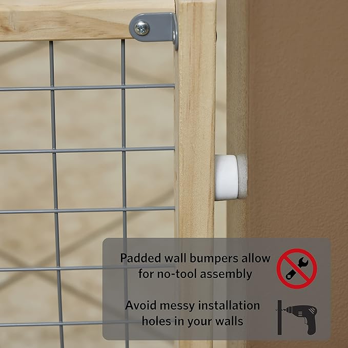 New World Wire Mesh Pet Safety Gate, Dog Gate Expands to 50 Inches Wide, 32 Inches Tall, No Damage to Walls, Natural Wood and Powder Coated Wire