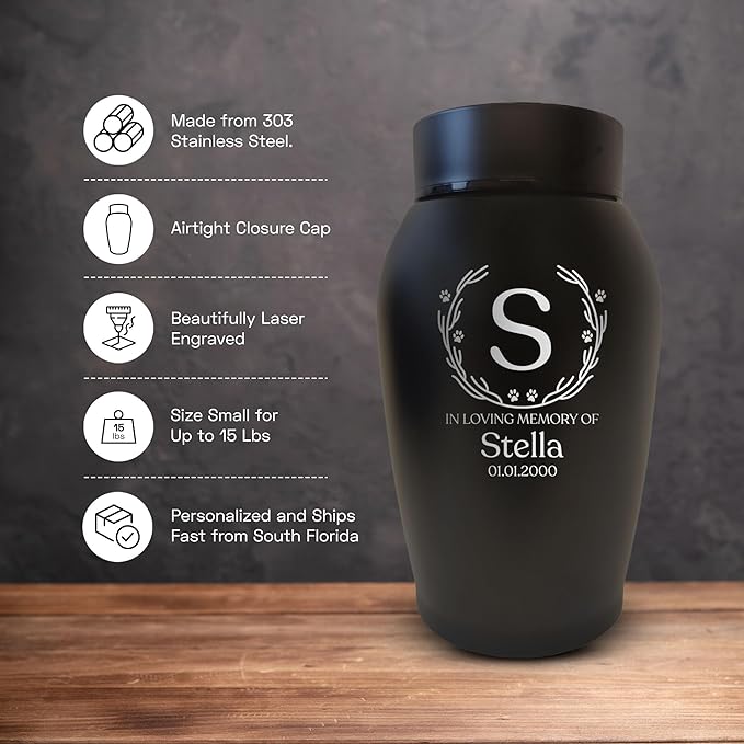 Personalized Custom Small Keepsake Urn Engraved with Pet Name, Date, and Dog Design - 5.2" Black Powder Coated Steel Cremation Urn for Dogs Ashes | 12-16 lb Capacity, Wood Branch Border