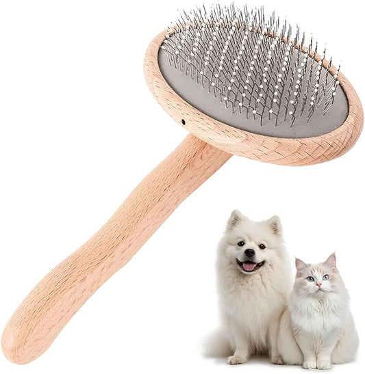 Wooden Dog Brush for Shedding, Grooming, Long haired Dogs, Poodle, Puppy & Indoor Cats, Oval Pin Brush with Coated Tips & Air-Cushion Design, Dog Slicker Brush，pin Brushes for cat Grooming