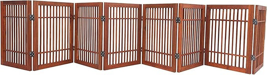 Urnporium Freestanding Wooden Dog Gate Foldable Indoor Pet Gate No Drill Expandable Barrier for Doorways Stairs Hallways Portable Wood Fence for Small Dogs & Puppies (Brown Pet Gate, 8 Panel 24" Tall)