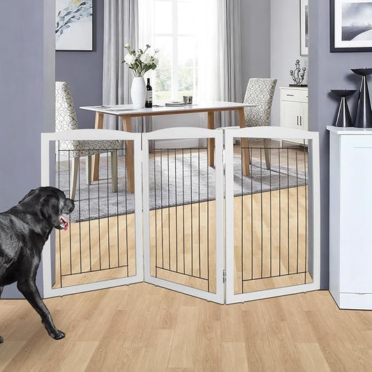 ZJSF Freestanding Foldable Dog Gate for House Extra Wide Wooden Grey Puppy Gate Stairs Dog Gates Doorways Tall Pet Gate 32" Height 3 Panels Pet Fence