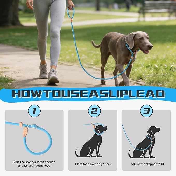 Mile High Life Slip Lead Dog Leash - 4FT, 5FT, 6FT Heavy Duty Rope Leash for No Pull Training, Durable Braided Dog Lead with Leather Stopper & Tip for Medium Large Dogs