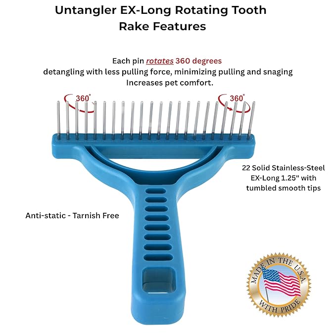 The Untangler Grooming Rake with Extra Long 1.25" silky smooth 360 degree rotating teeth to easily collect loose hair and groom(Blue)